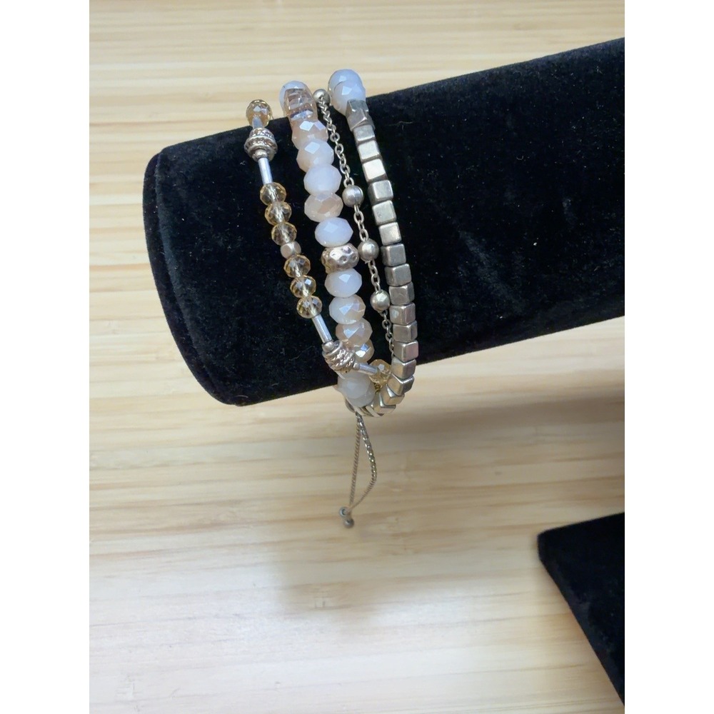 Multi Strand Beaded Bracelet Gold Tone Cream Champagne Adjustable Bolo
